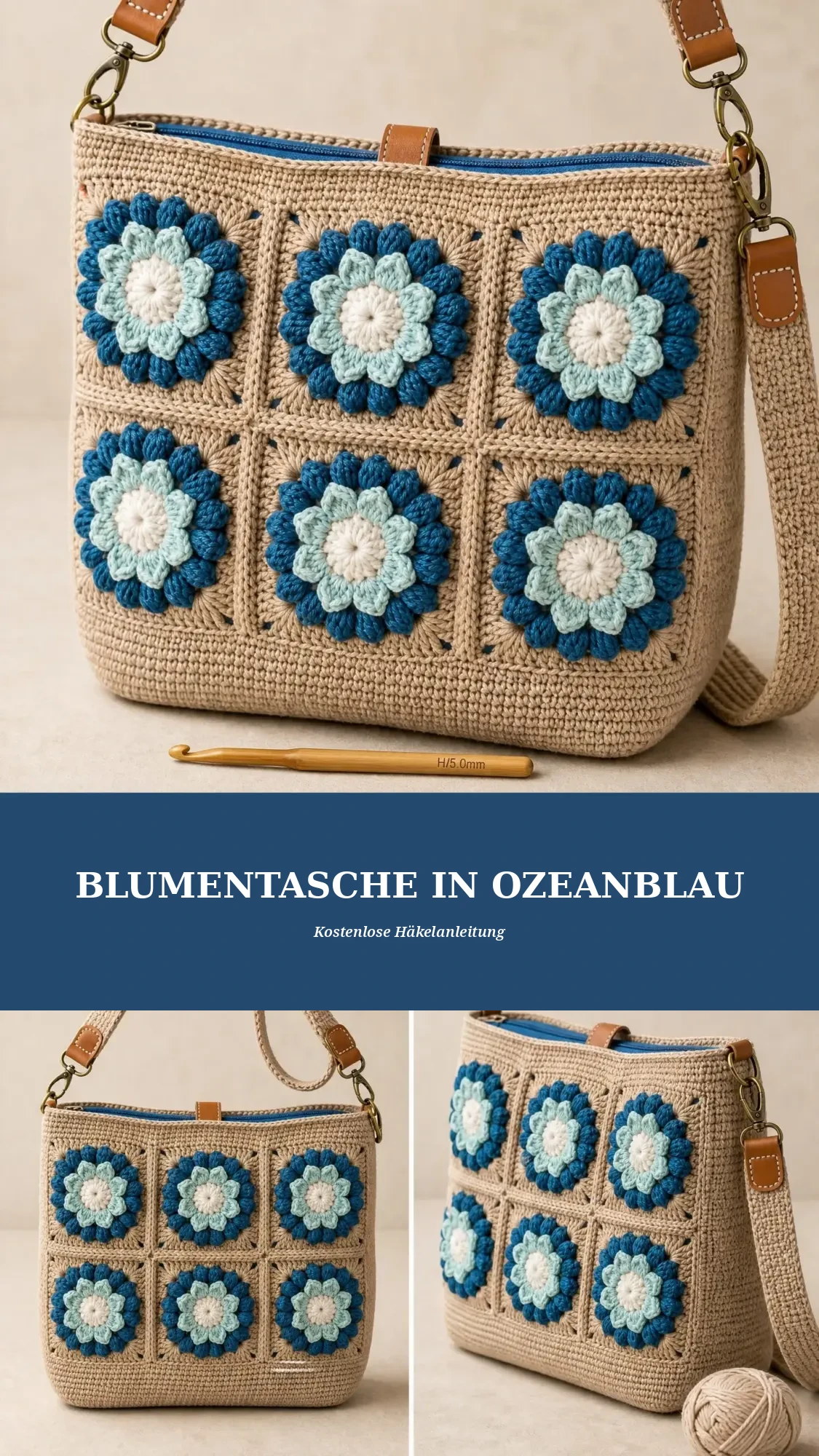 Blumentasche in Ozeanblau häkeln