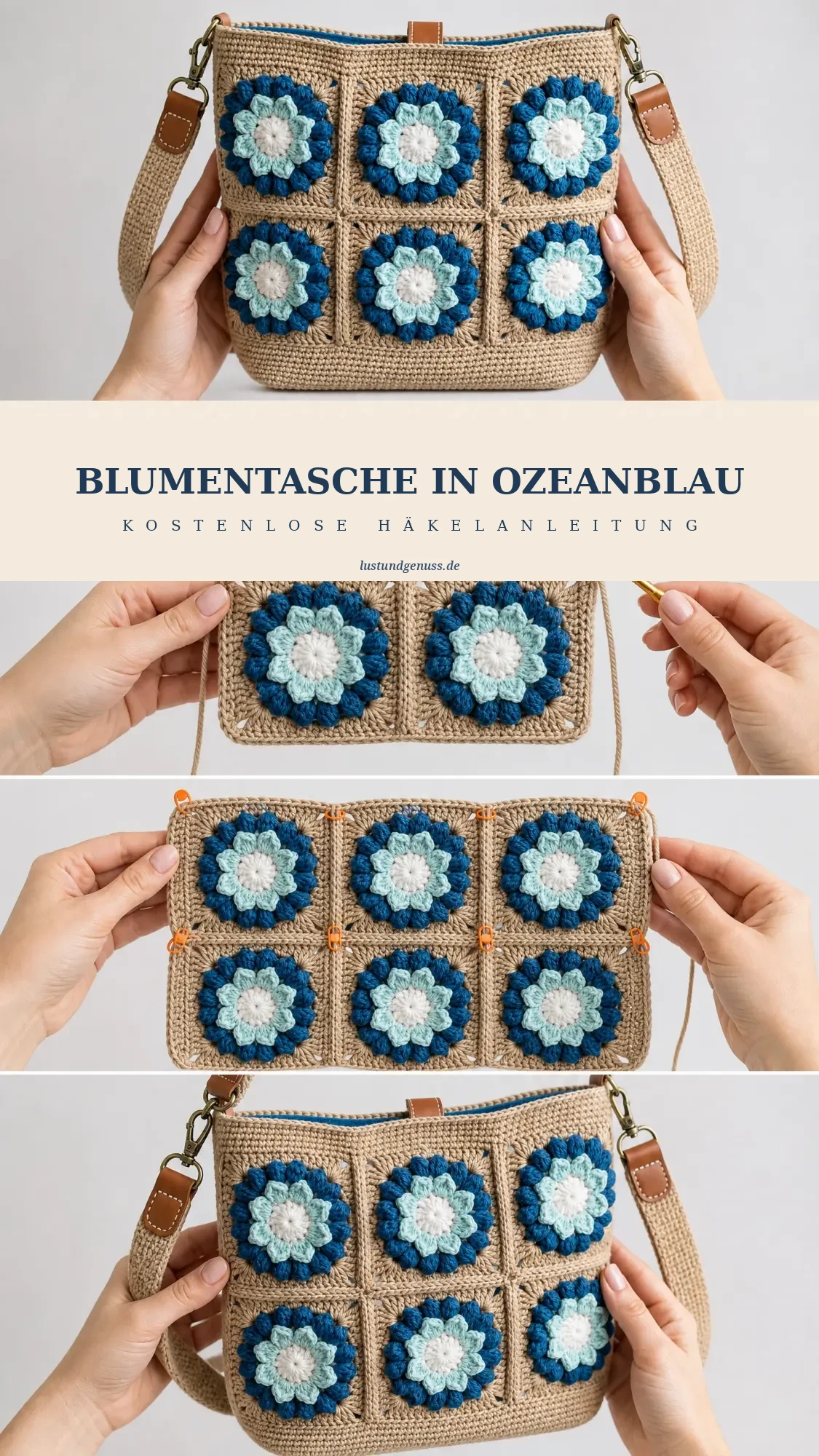 Blumentasche in Ozeanblau häkeln