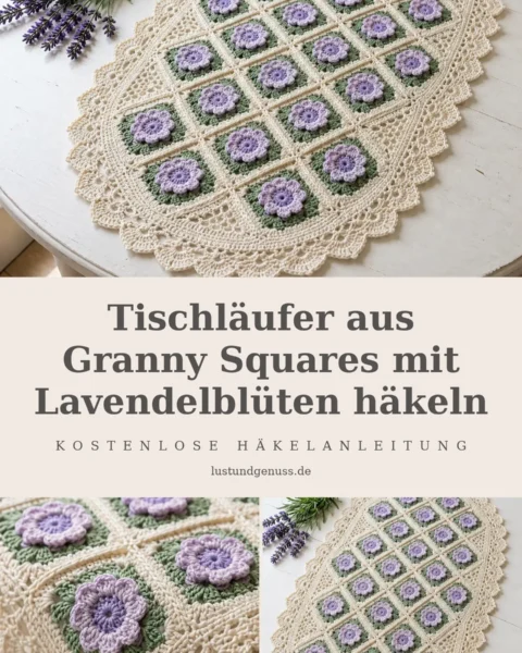 Tischläufer aus Granny Squares mit Lavendelblüten häkeln