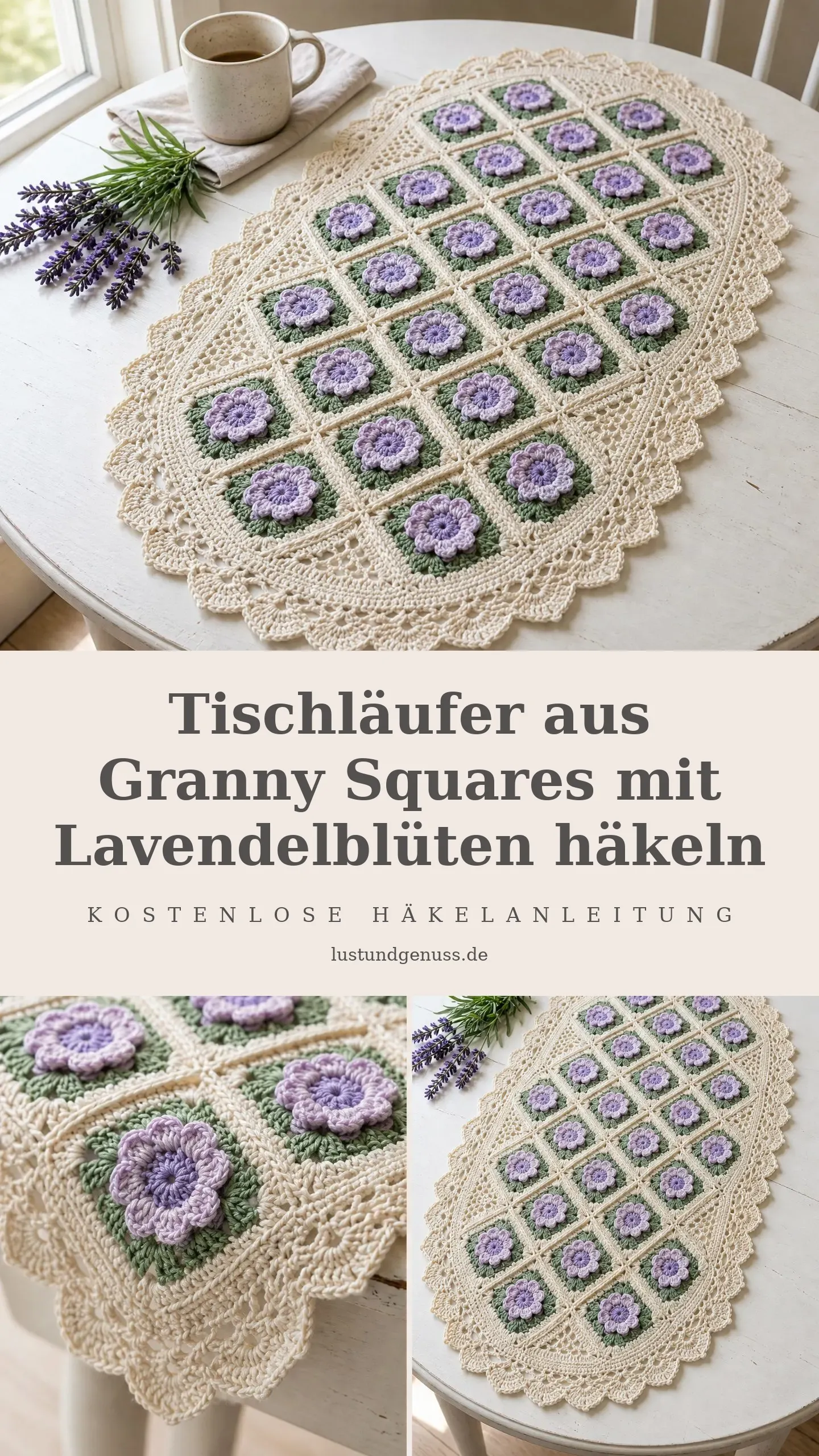 Tischläufer aus Granny Squares mit Lavendelblüten häkeln