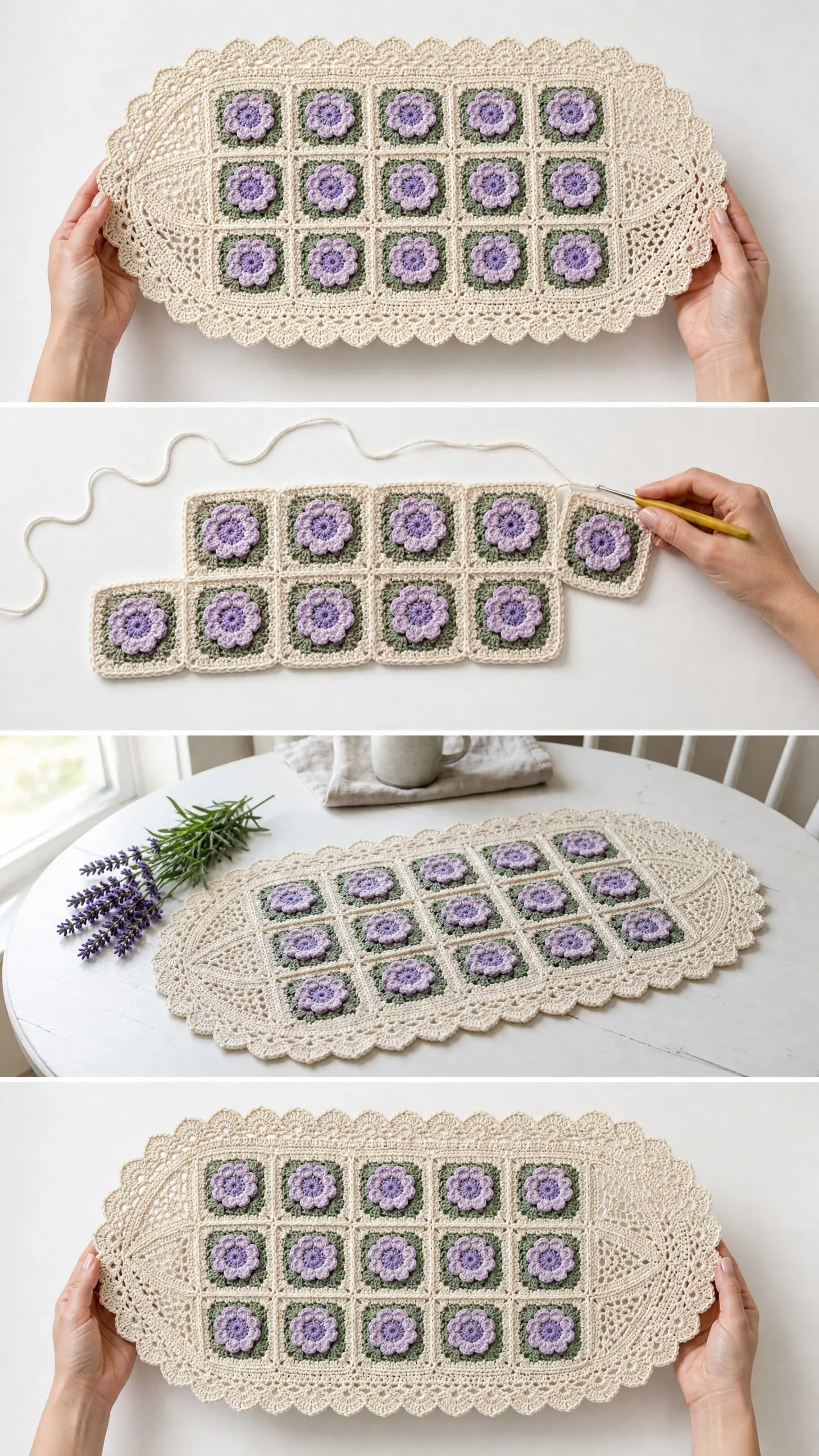Tischläufer aus Granny Squares mit Lavendelblüten häkeln