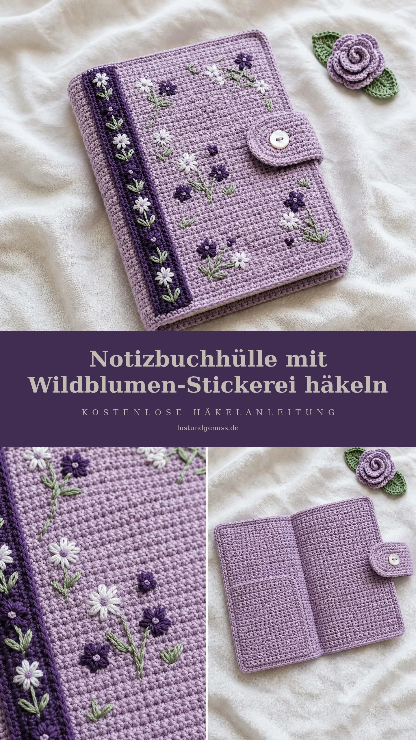 Notizbuchhülle mit Wildblumen-Stickerei häkeln