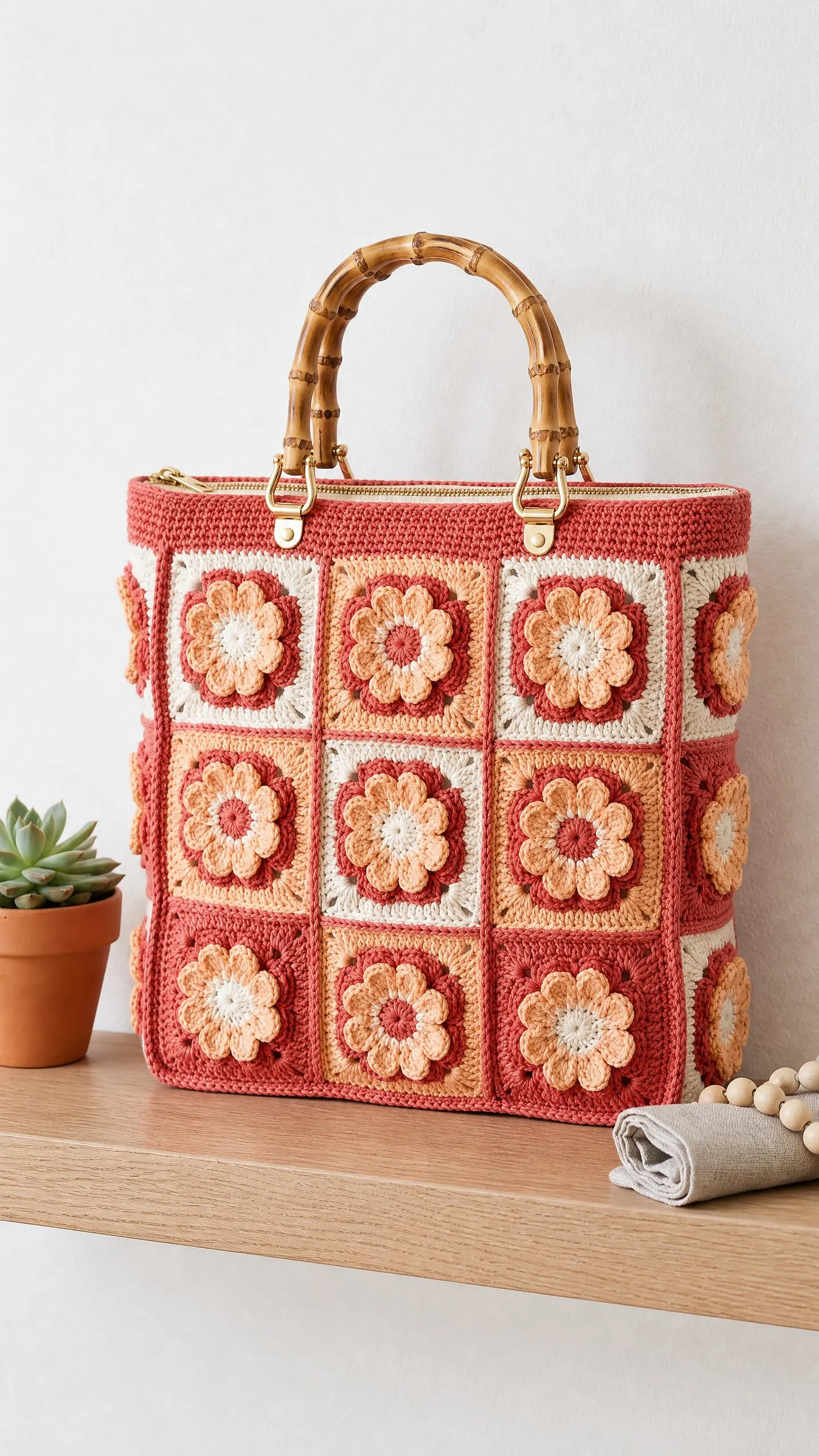 African-Flower-Tote in Koralle häkeln