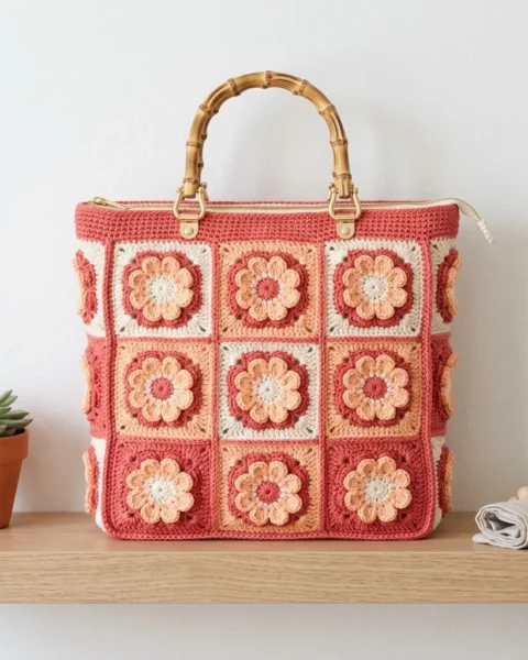 African-Flower-Tote in Koralle häkeln