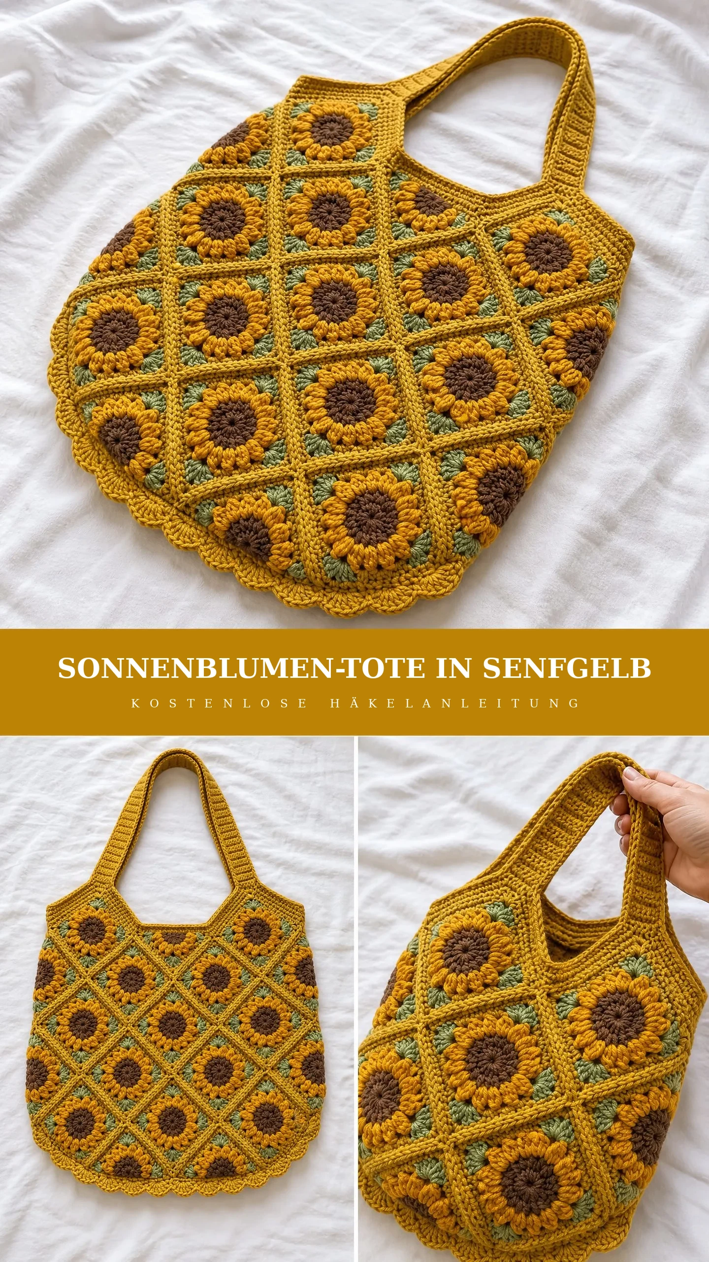 Sonnenblumen-Tote in Senfgelb häkeln
