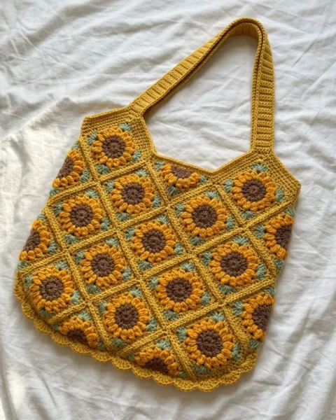 Sonnenblumen-Tote in Senfgelb häkeln