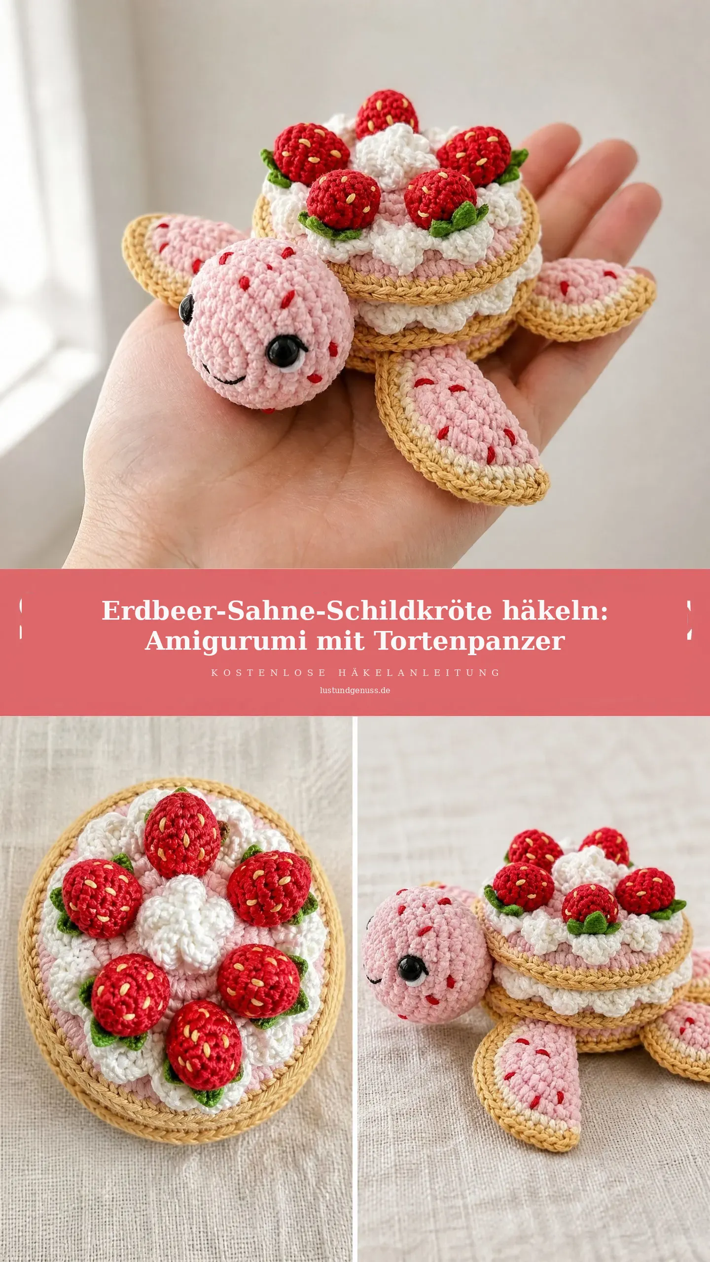 Erdbeer-Sahne-Schildkröte häkeln: Amigurumi mit Tortenpanzer
