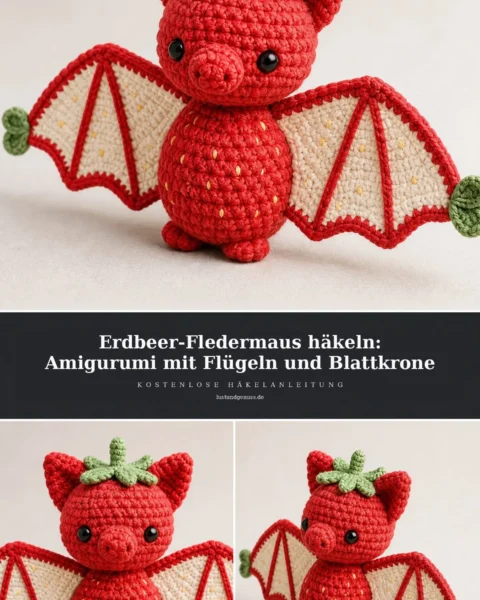 Erdbeer-Fledermaus häkeln: Amigurumi mit Flügeln und Blattkrone