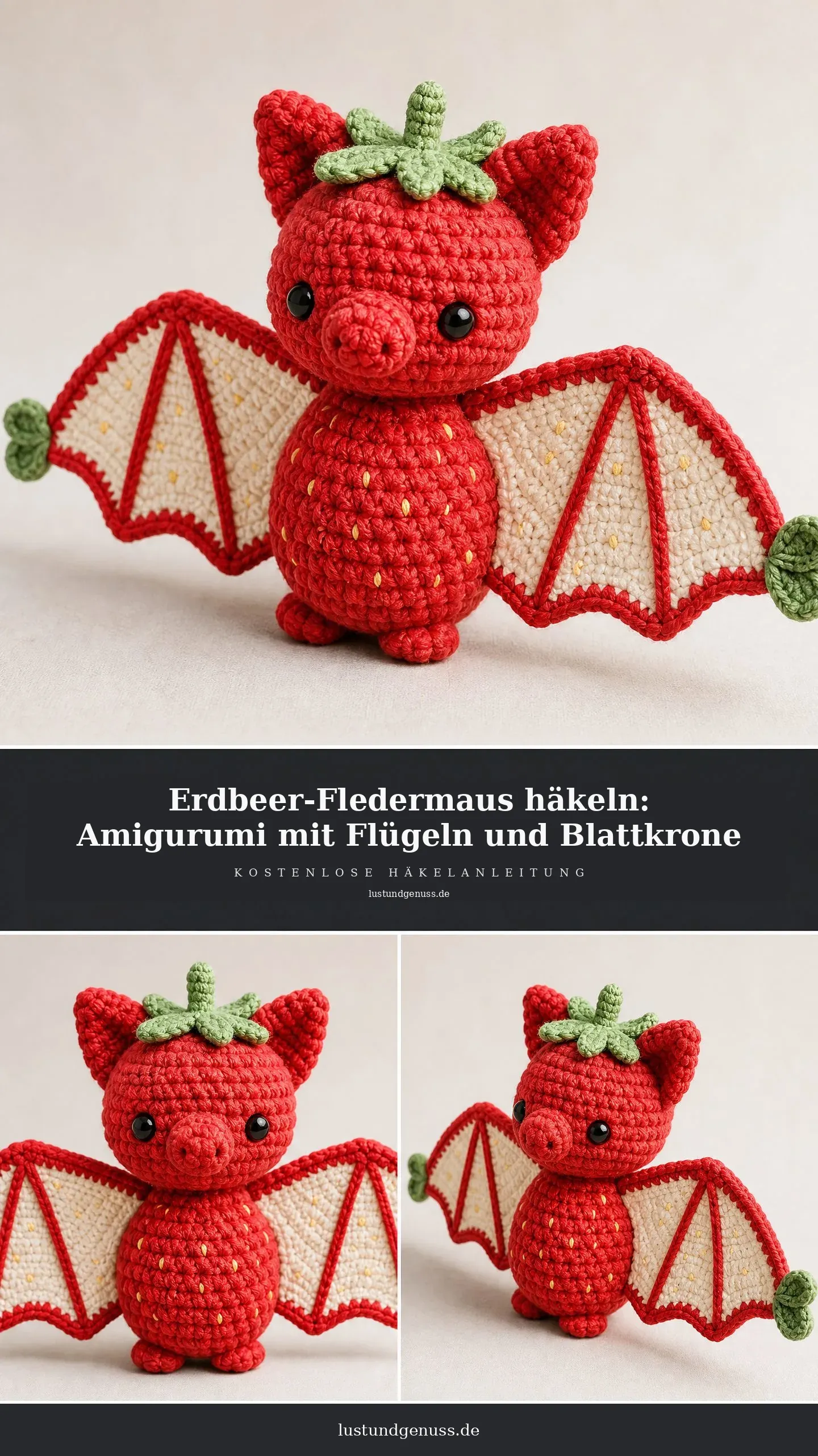 Erdbeer-Fledermaus häkeln: Amigurumi mit Flügeln und Blattkrone