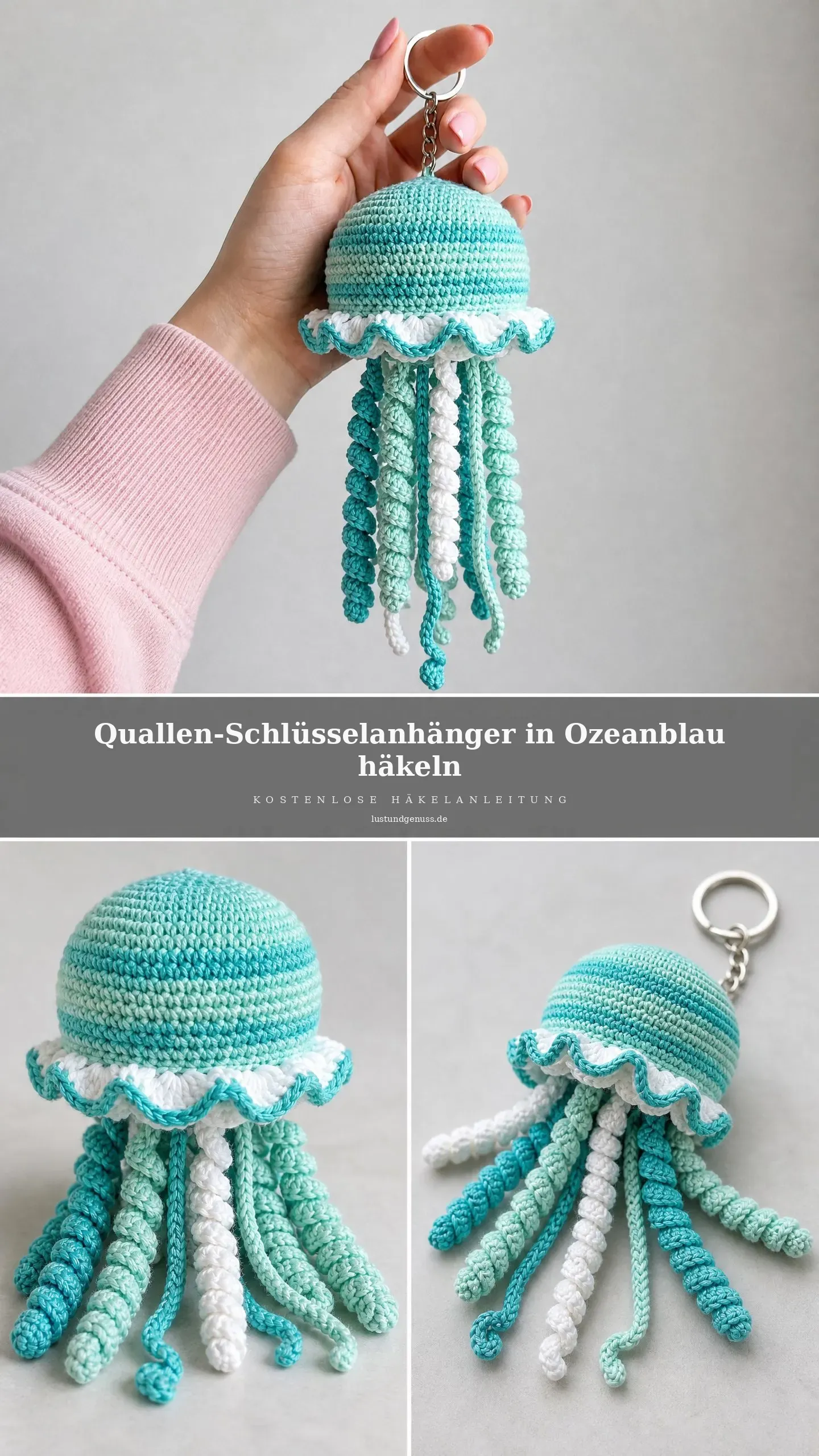 Quallen-Schlüsselanhänger in Ozeanblau häkeln