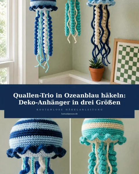Quallen-Trio in Ozeanblau häkeln: Deko-Anhänger in drei Größen
