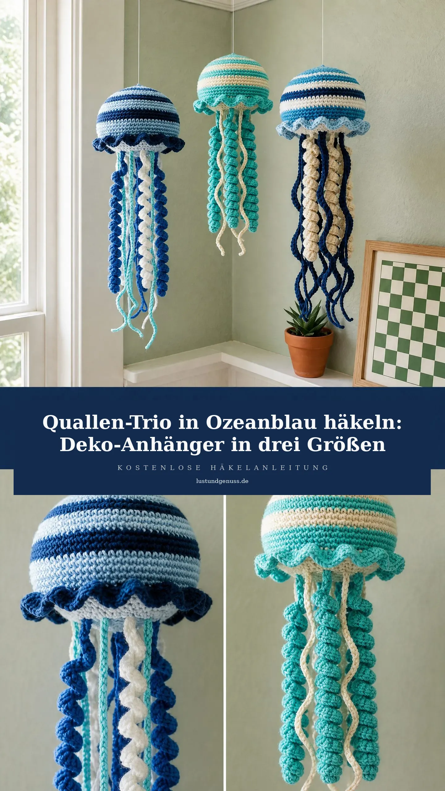 Quallen-Trio in Ozeanblau häkeln: Deko-Anhänger in drei Größen