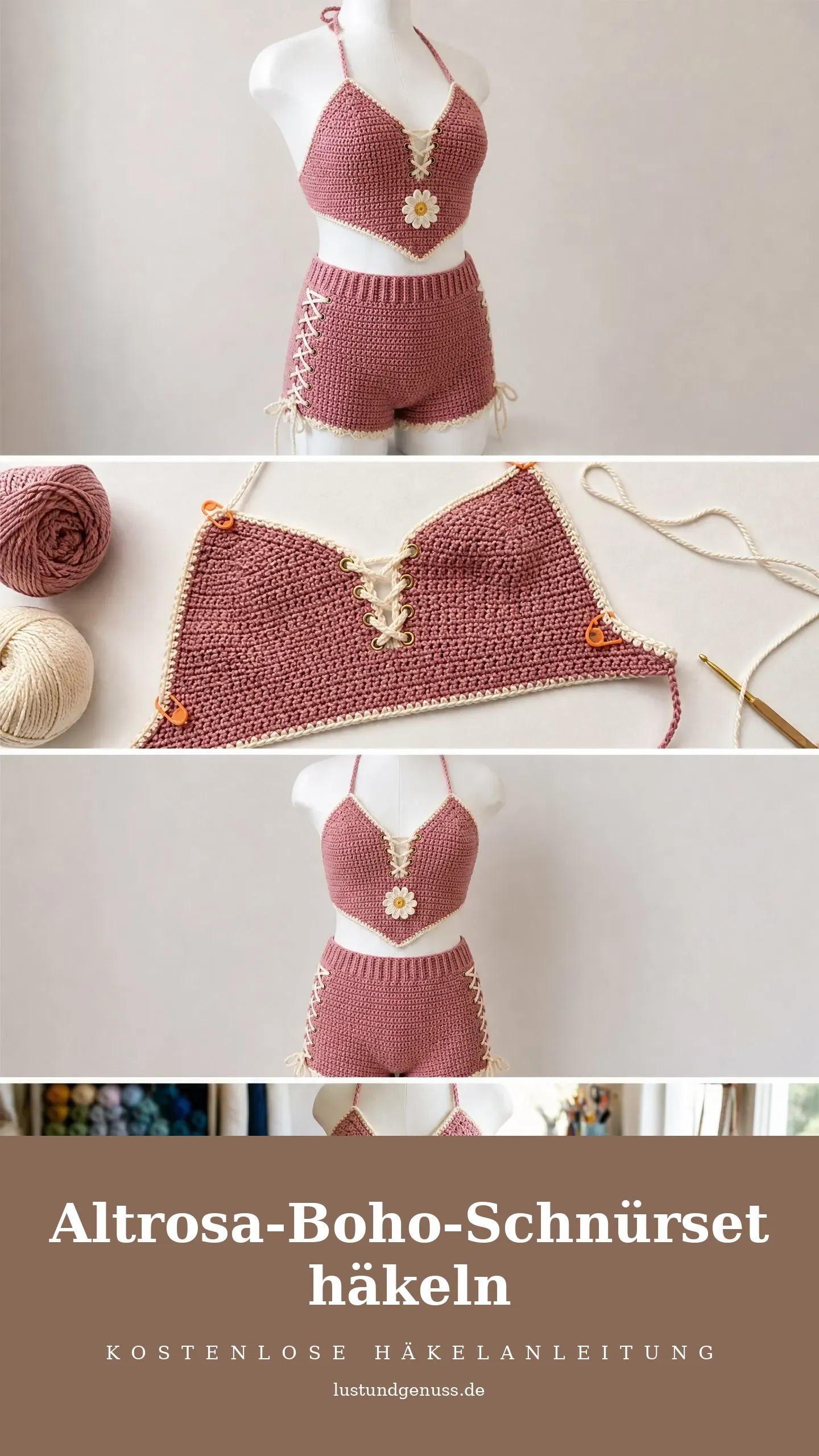 Altrosa-Boho-Schnürset häkeln