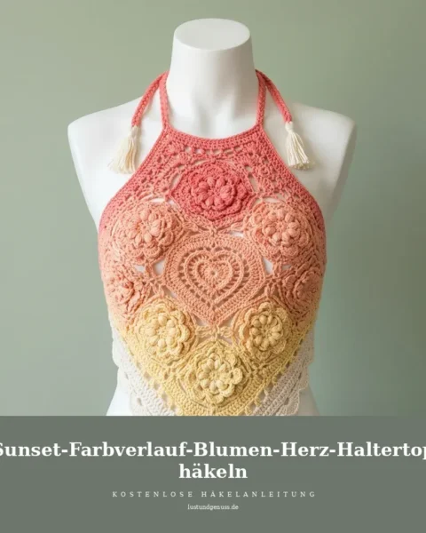 Sunset-Farbverlauf-Blumen-Herz-Haltertop häkeln