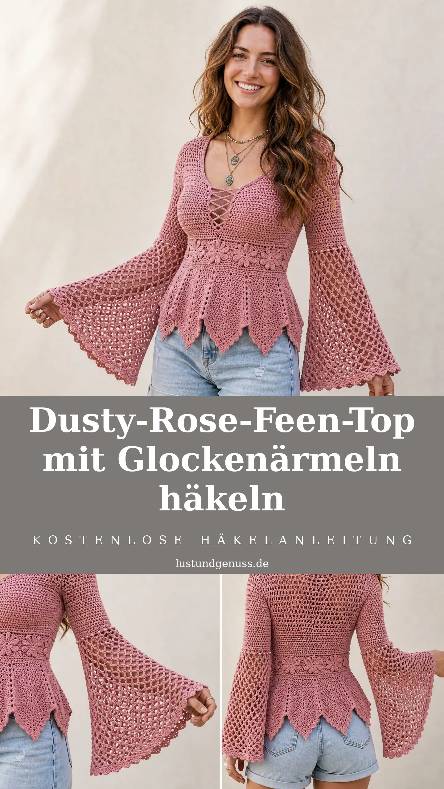Dusty-Rose-Feen-Top mit Glockenärmeln häkeln