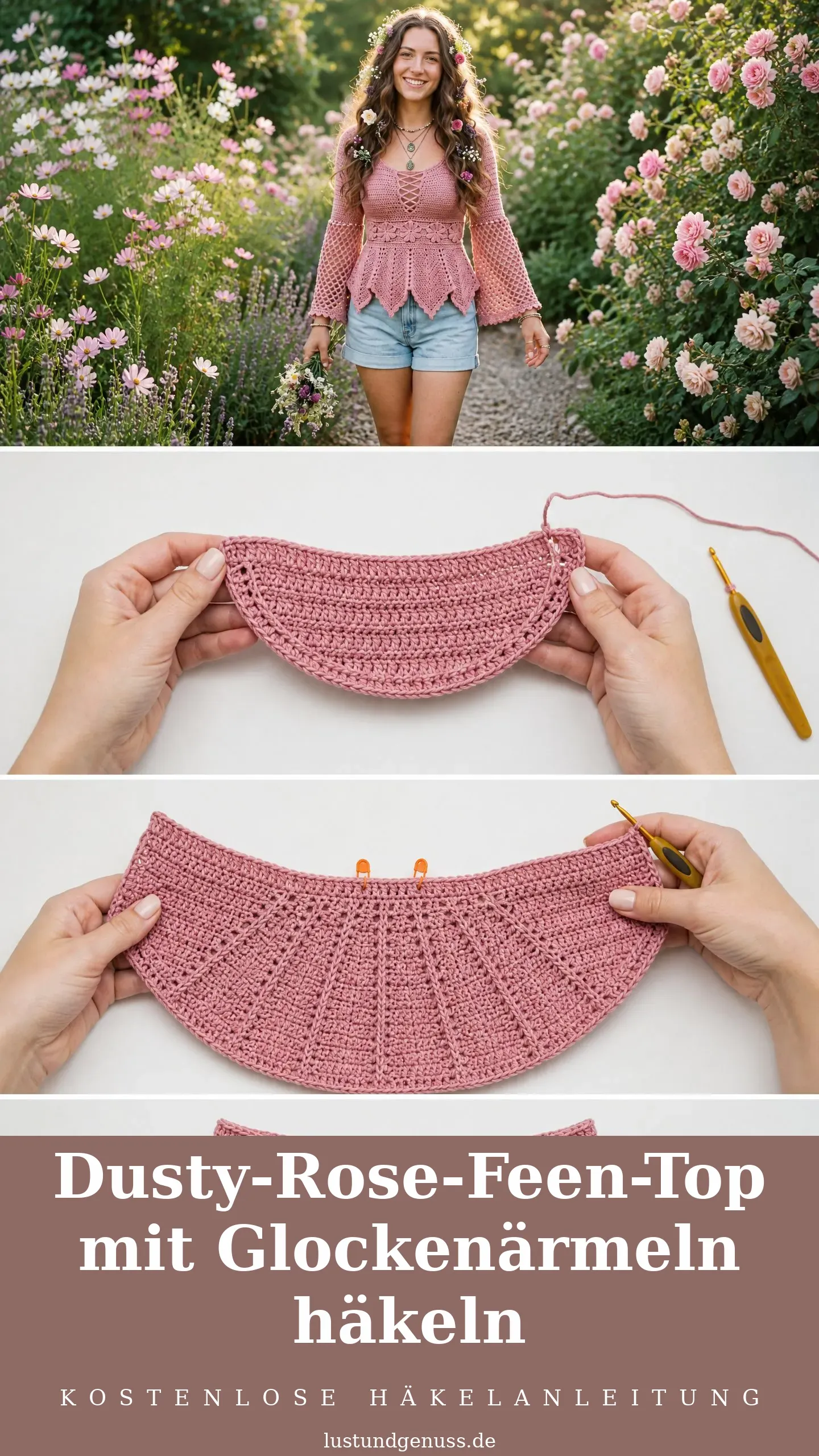 Dusty-Rose-Feen-Top mit Glockenärmeln häkeln