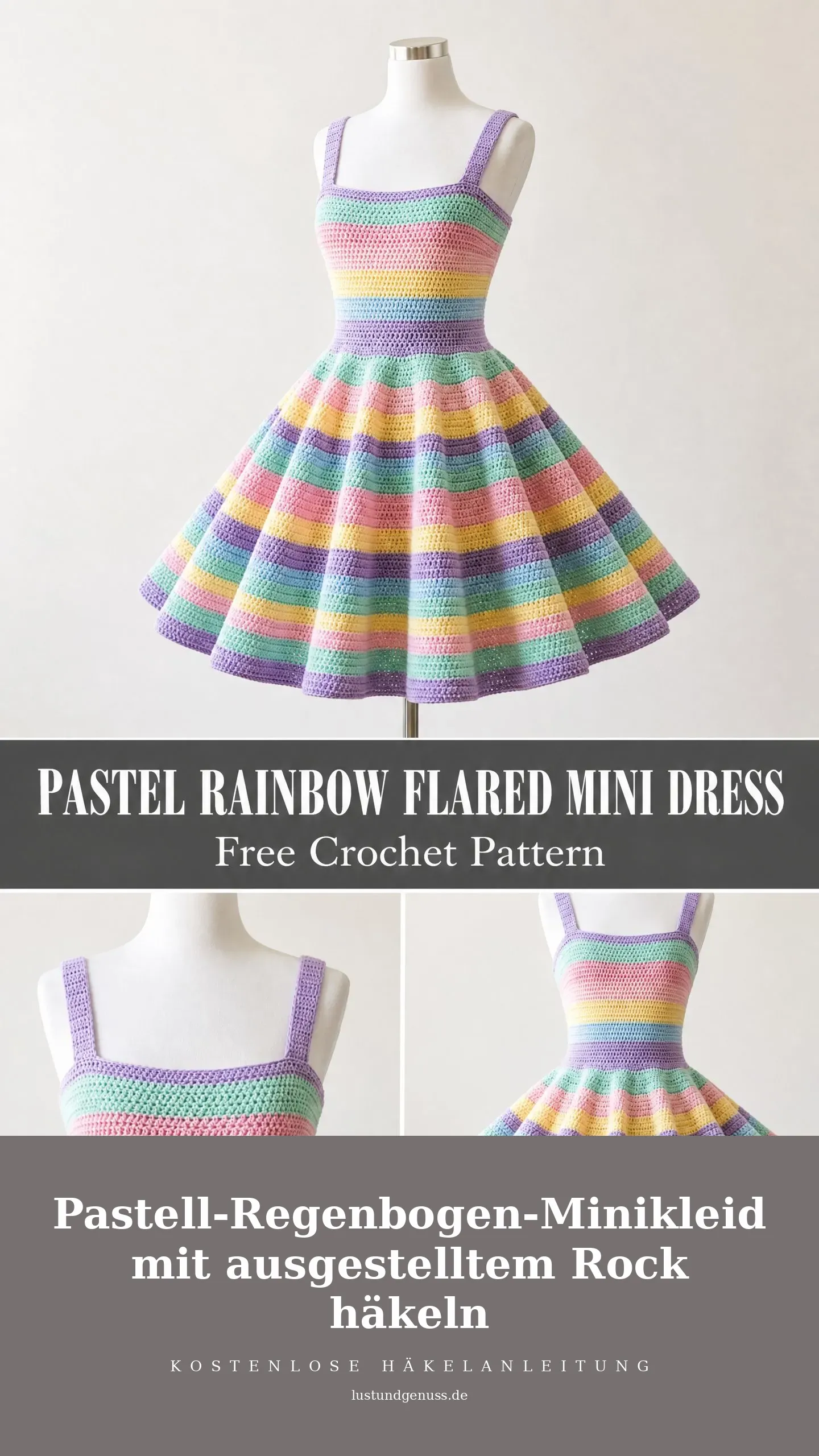 Pastell-Regenbogen-Minikleid mit ausgestelltem Rock häkeln