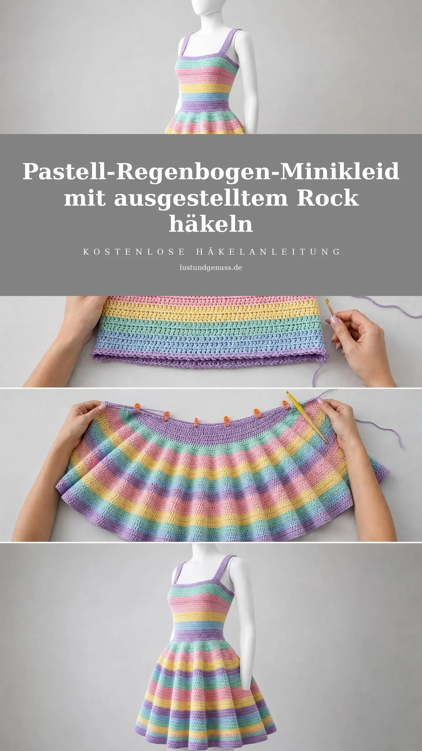 Pastell-Regenbogen-Minikleid mit ausgestelltem Rock häkeln
