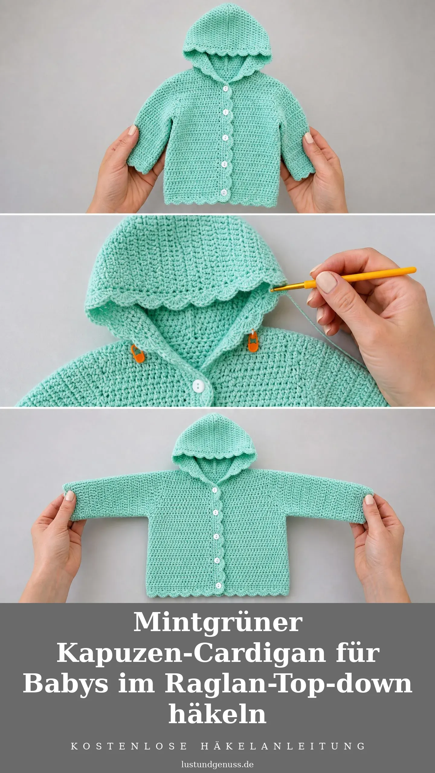 Mintgrüner Kapuzen-Cardigan für Babys im Raglan-Top-down häkeln