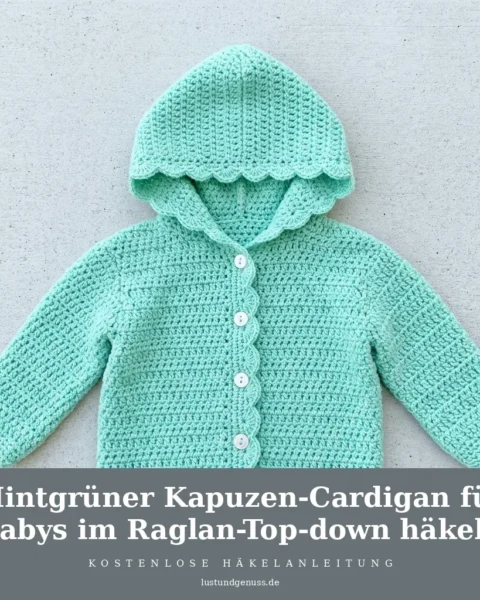 Mintgrüner Kapuzen-Cardigan für Babys im Raglan-Top-down häkeln