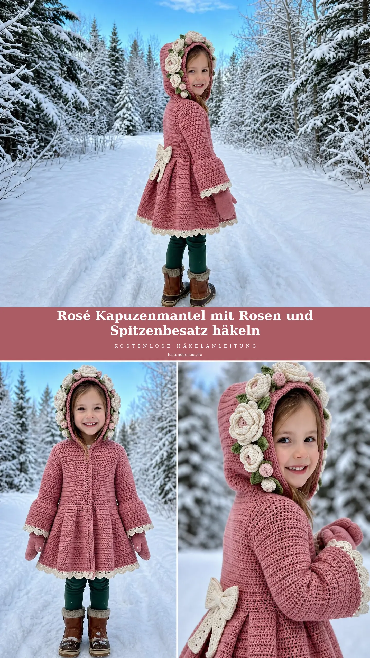 Rosé Kapuzenmantel mit Rosen und Spitzenbesatz häkeln