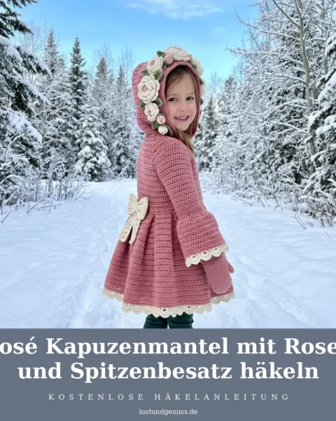Rosé Kapuzenmantel mit Rosen und Spitzenbesatz häkeln