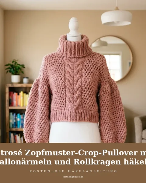 Altrosé Zopfmuster-Crop-Pullover mit Ballonärmeln und Rollkragen häkeln