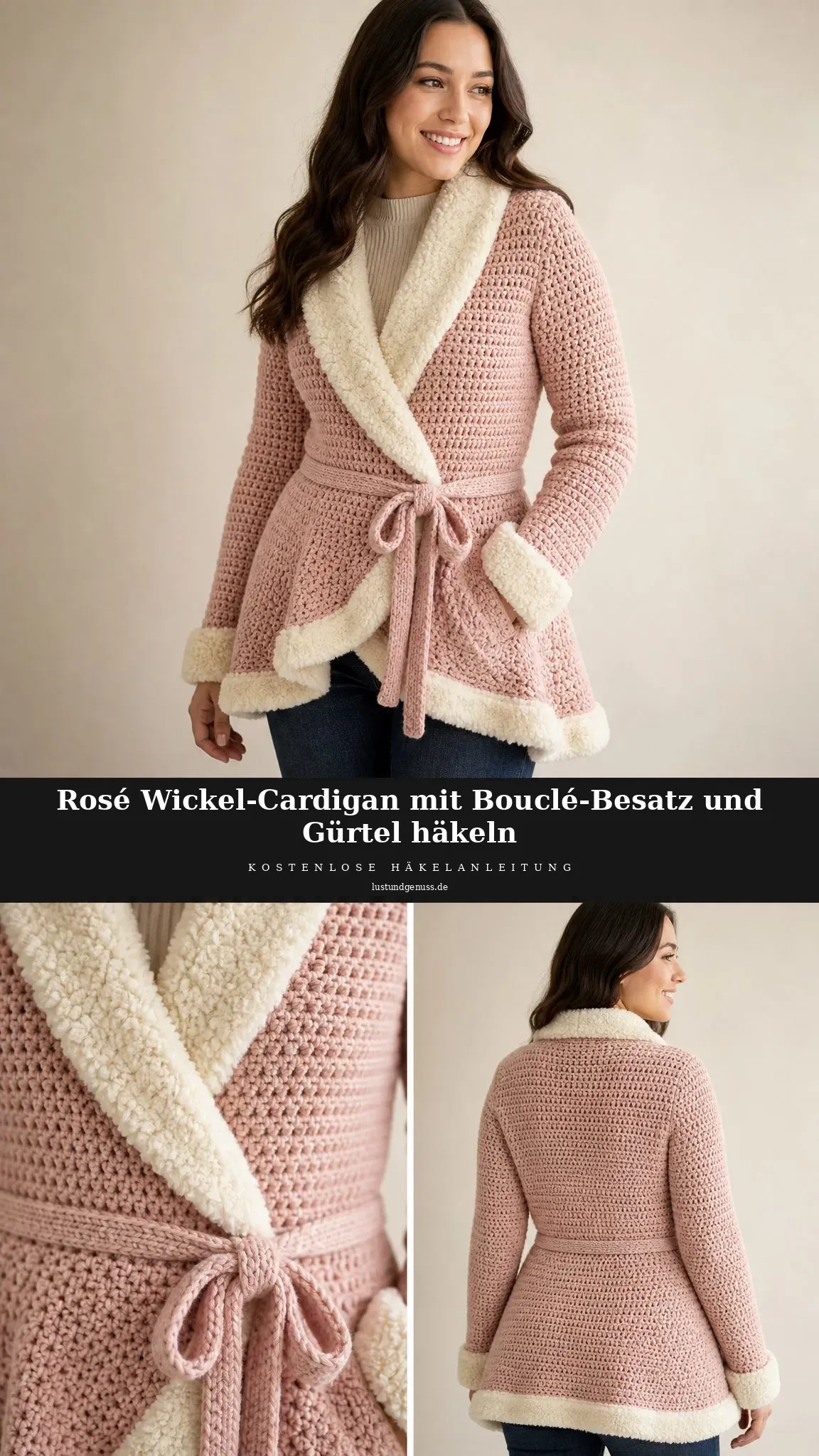 Rosé Wickel-Cardigan mit Bouclé-Besatz und Gürtel häkeln