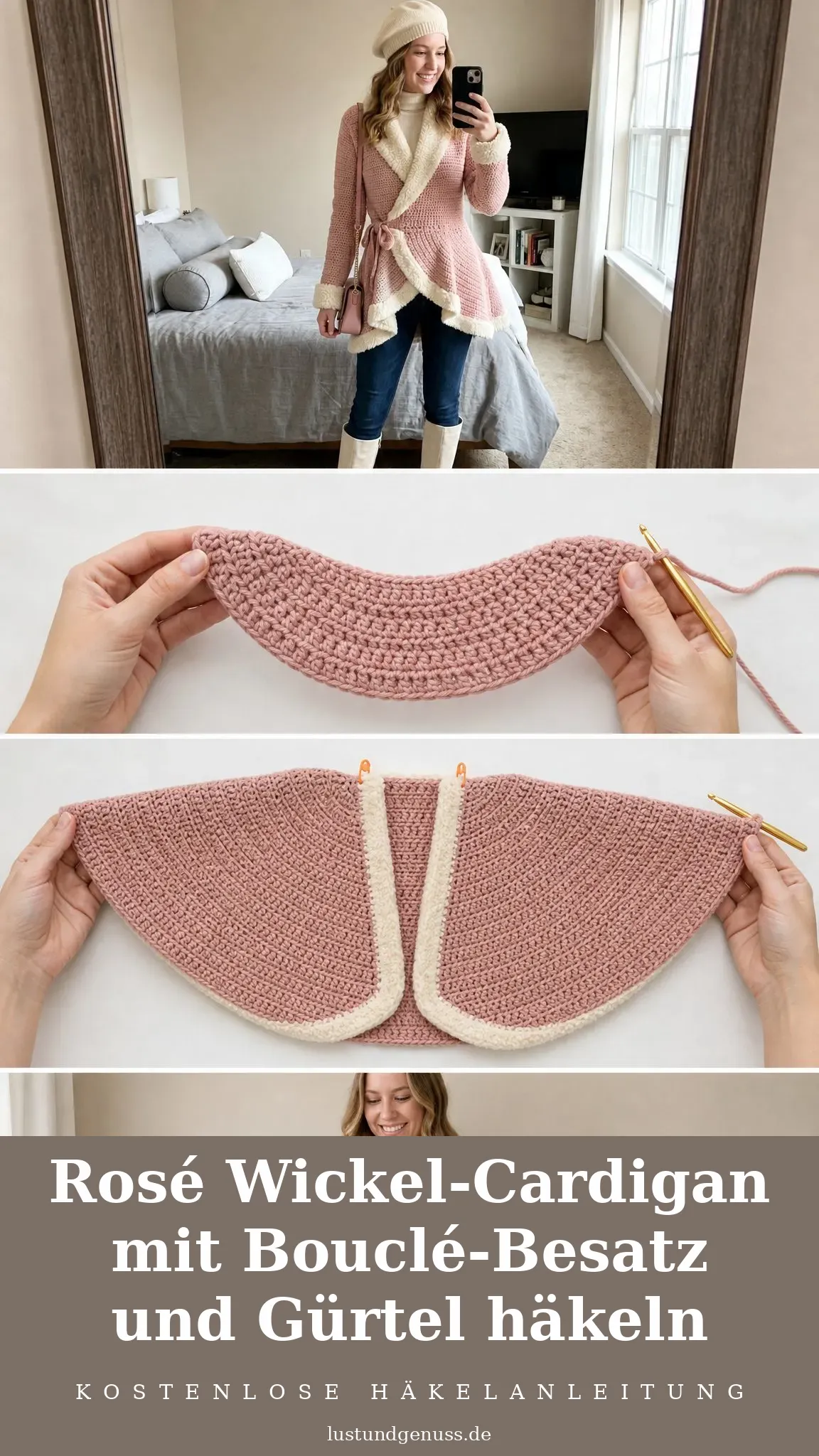 Rosé Wickel-Cardigan mit Bouclé-Besatz und Gürtel häkeln