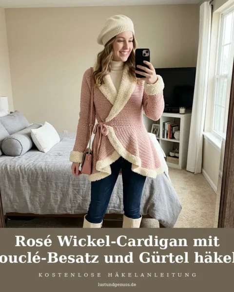 Rosé Wickel-Cardigan mit Bouclé-Besatz und Gürtel häkeln