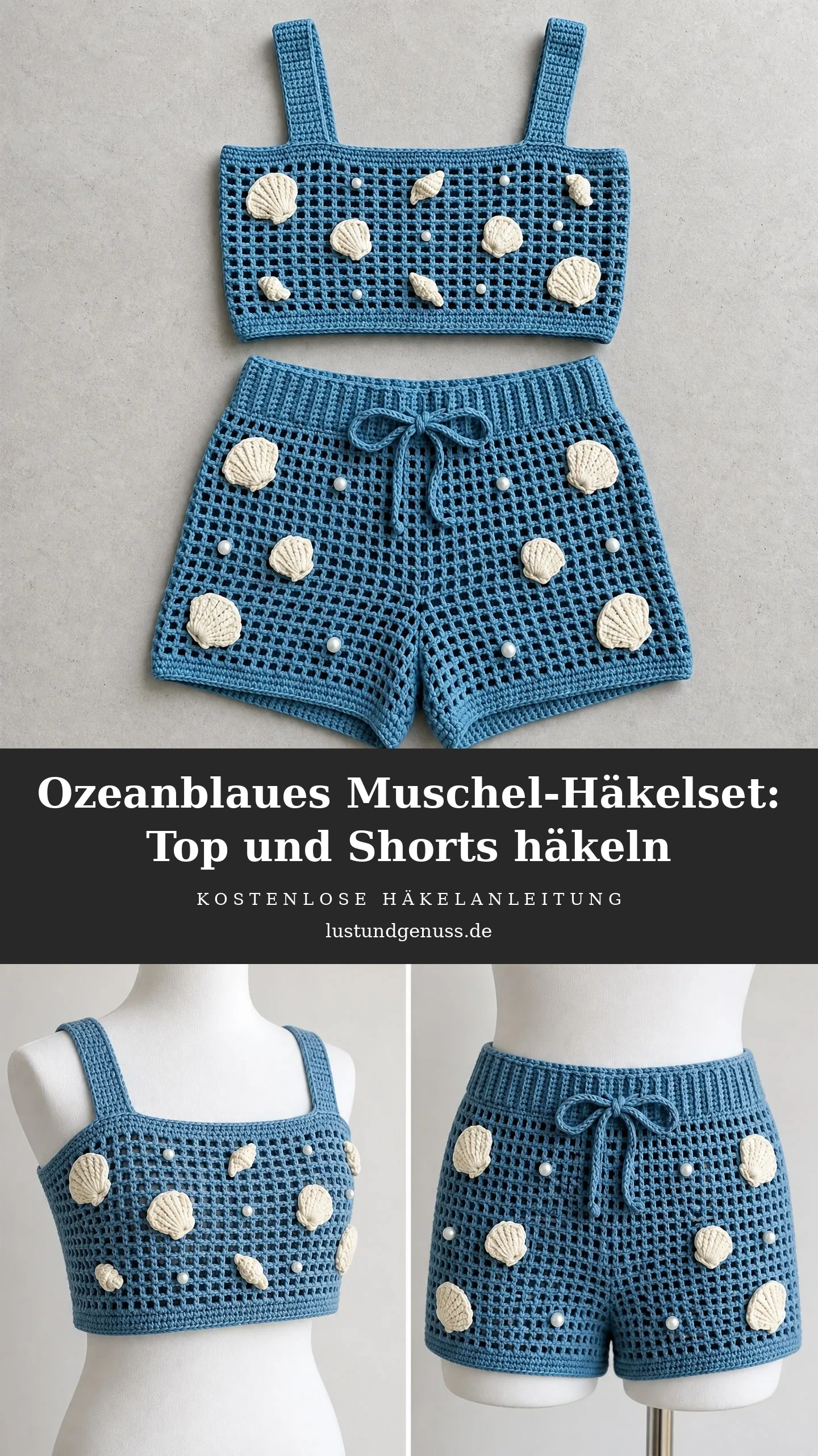 Ozeanblaues Muschel-Häkelset: Top und Shorts häkeln