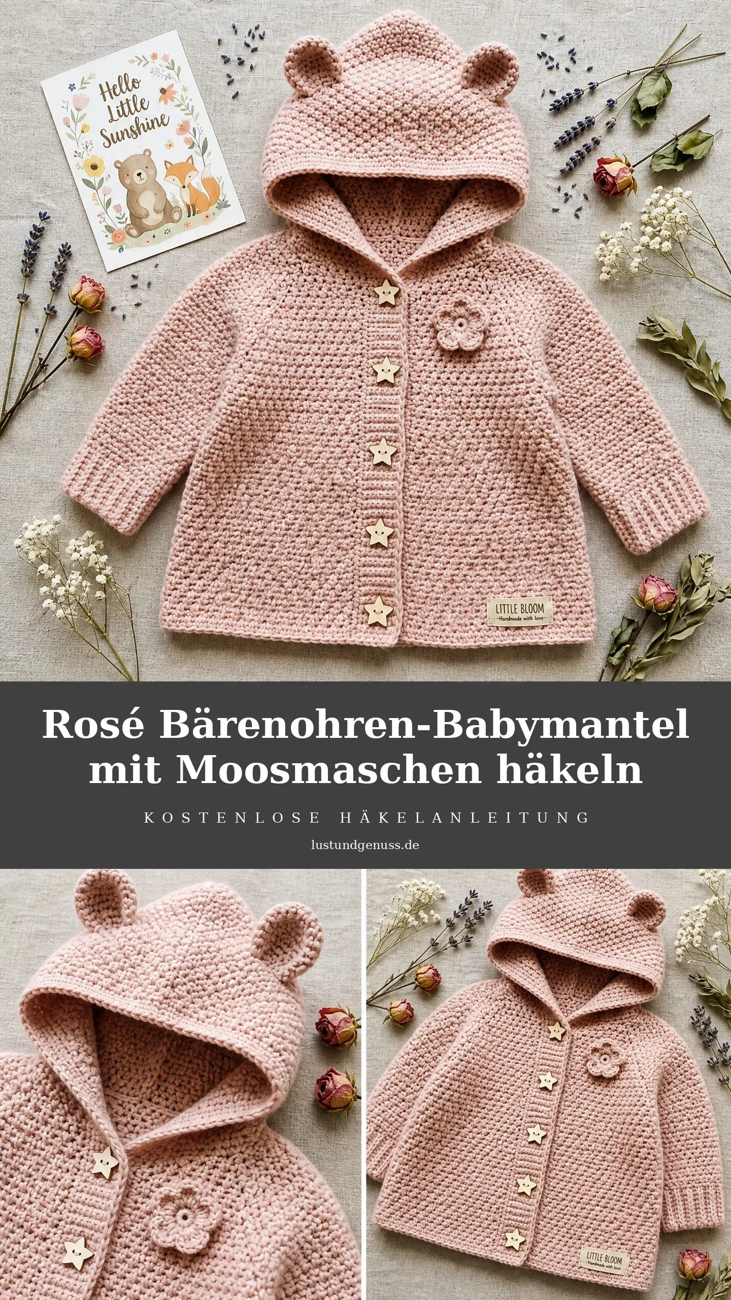 Rosé Bärenohren-Babymantel mit Moosmaschen häkeln