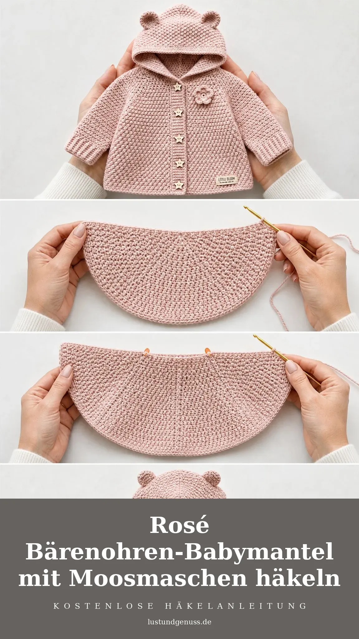 Rosé Bärenohren-Babymantel mit Moosmaschen häkeln