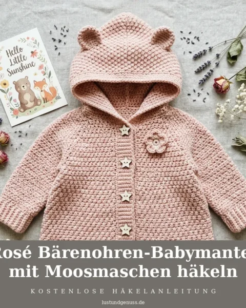 Rosé Bärenohren-Babymantel mit Moosmaschen häkeln