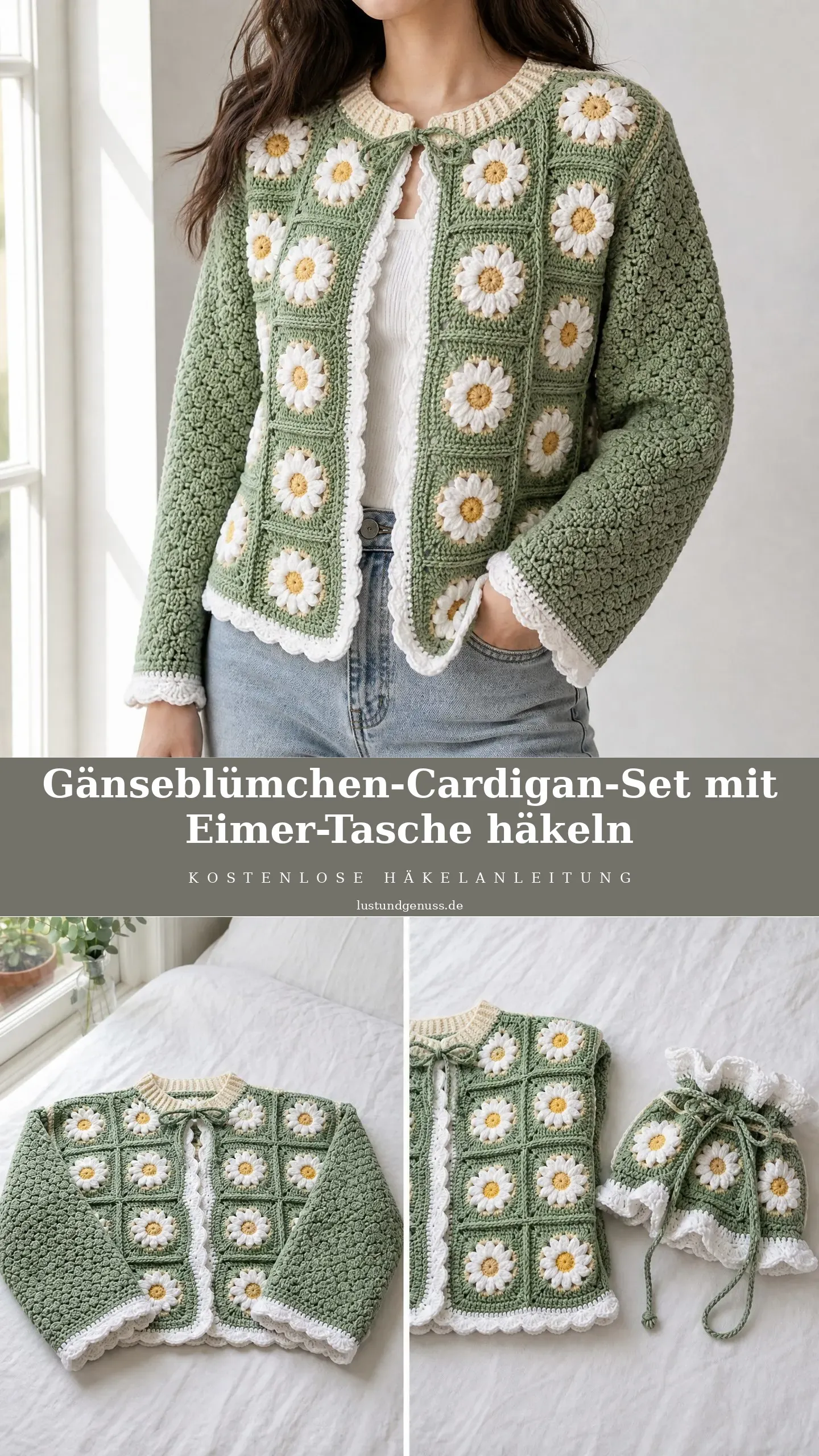 Gänseblümchen-Cardigan-Set mit Eimer-Tasche häkeln