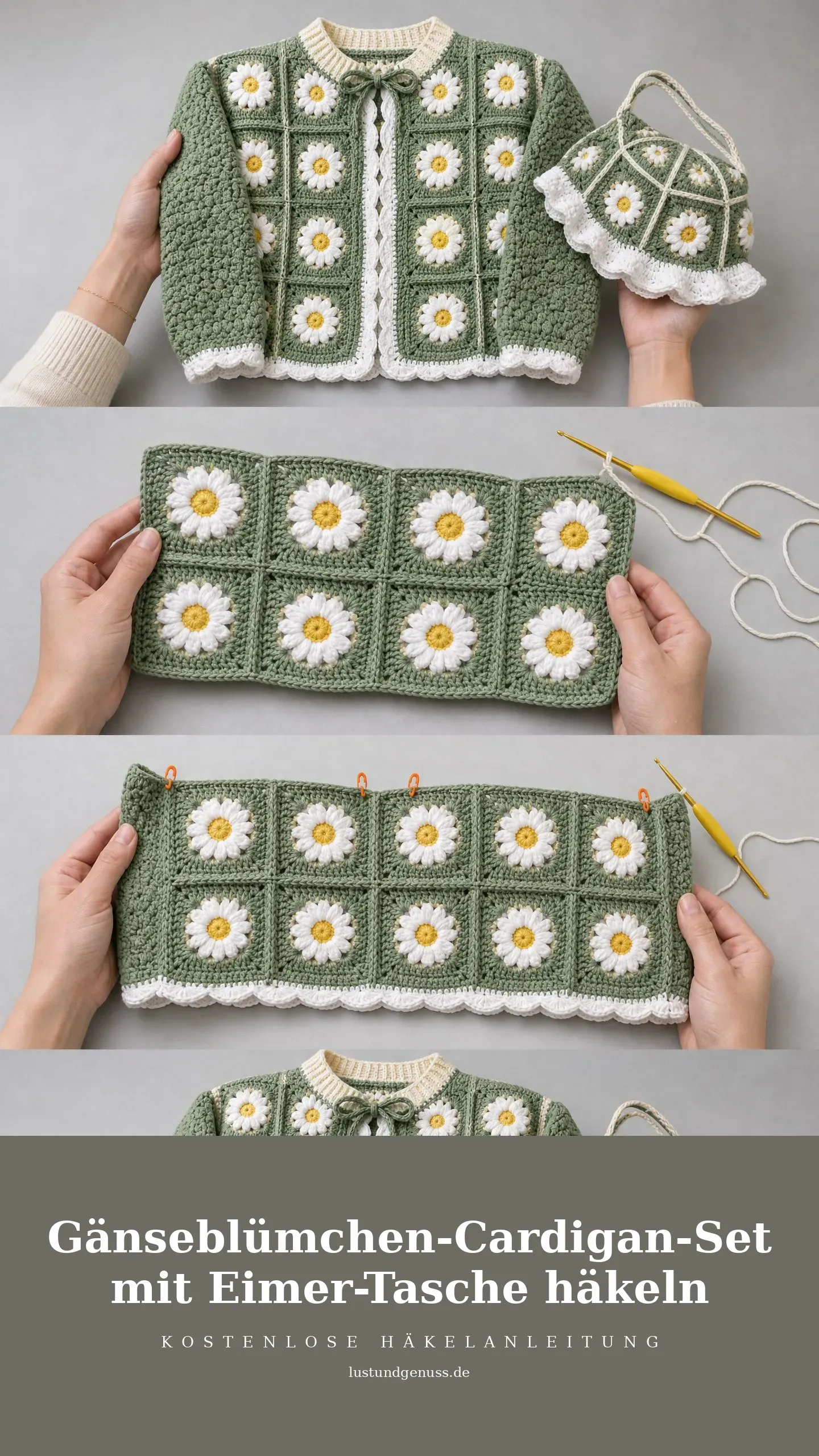 Gänseblümchen-Cardigan-Set mit Eimer-Tasche häkeln