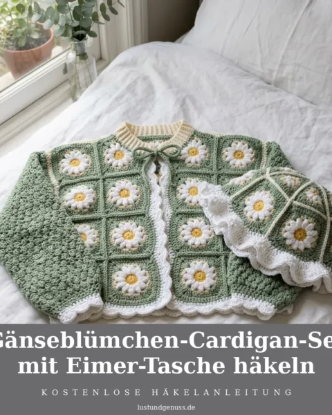 Gänseblümchen-Cardigan-Set mit Eimer-Tasche häkeln