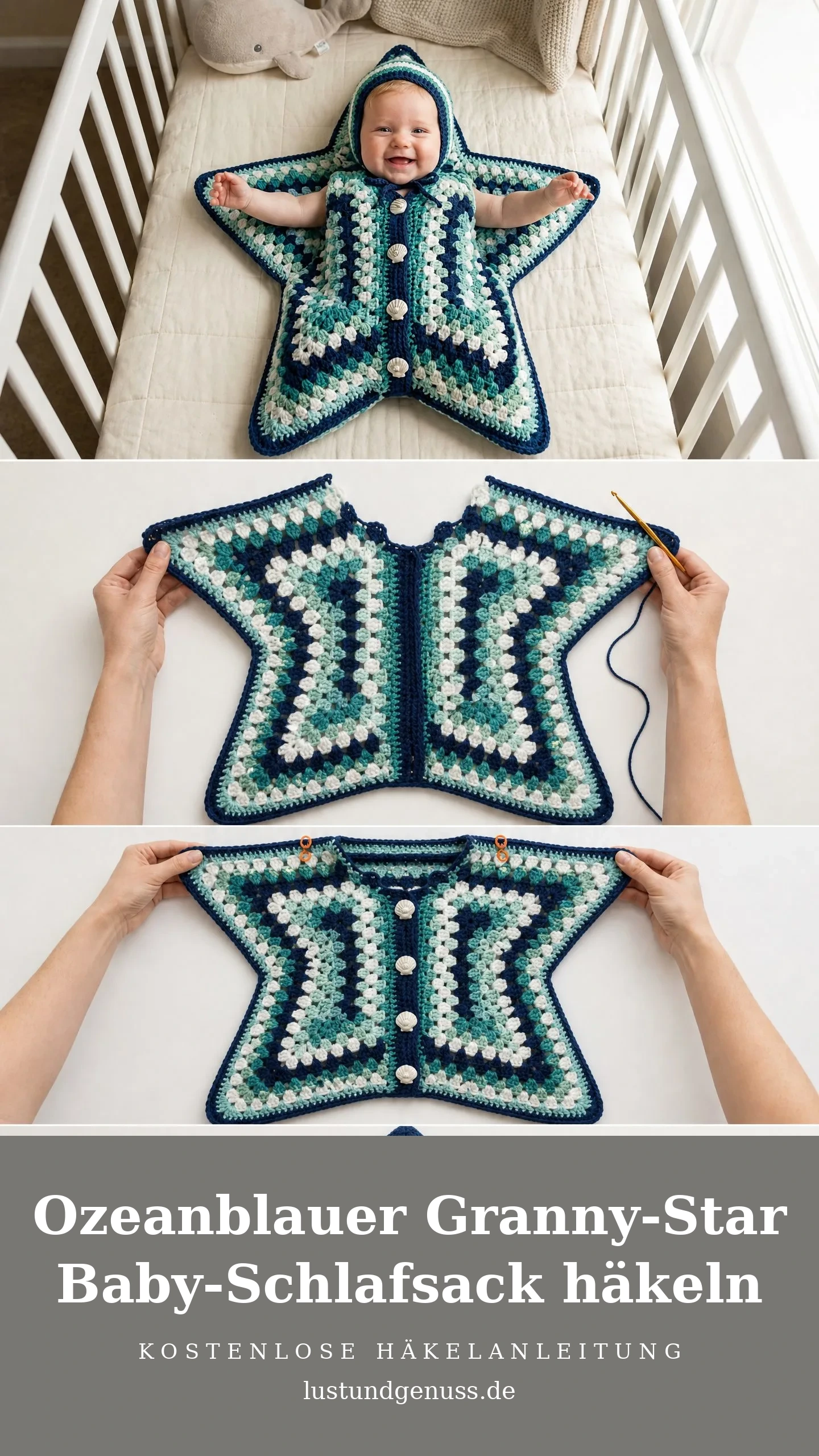 Ozeanblauer Granny-Star Baby-Schlafsack häkeln