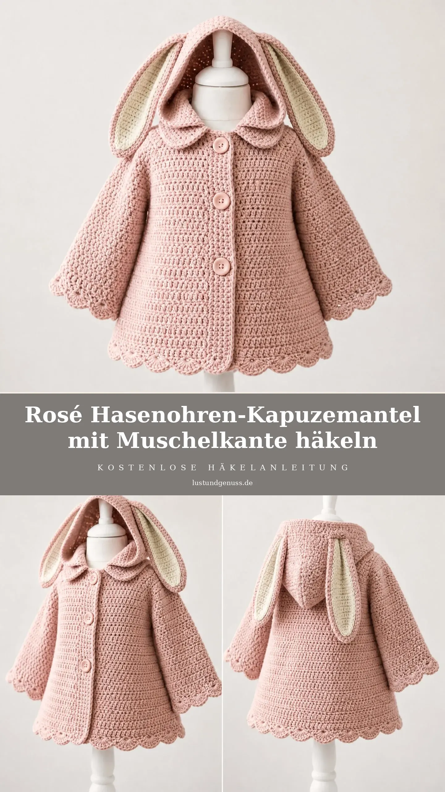 Rosé Hasenohren-Kapuzemantel mit Muschelkante häkeln