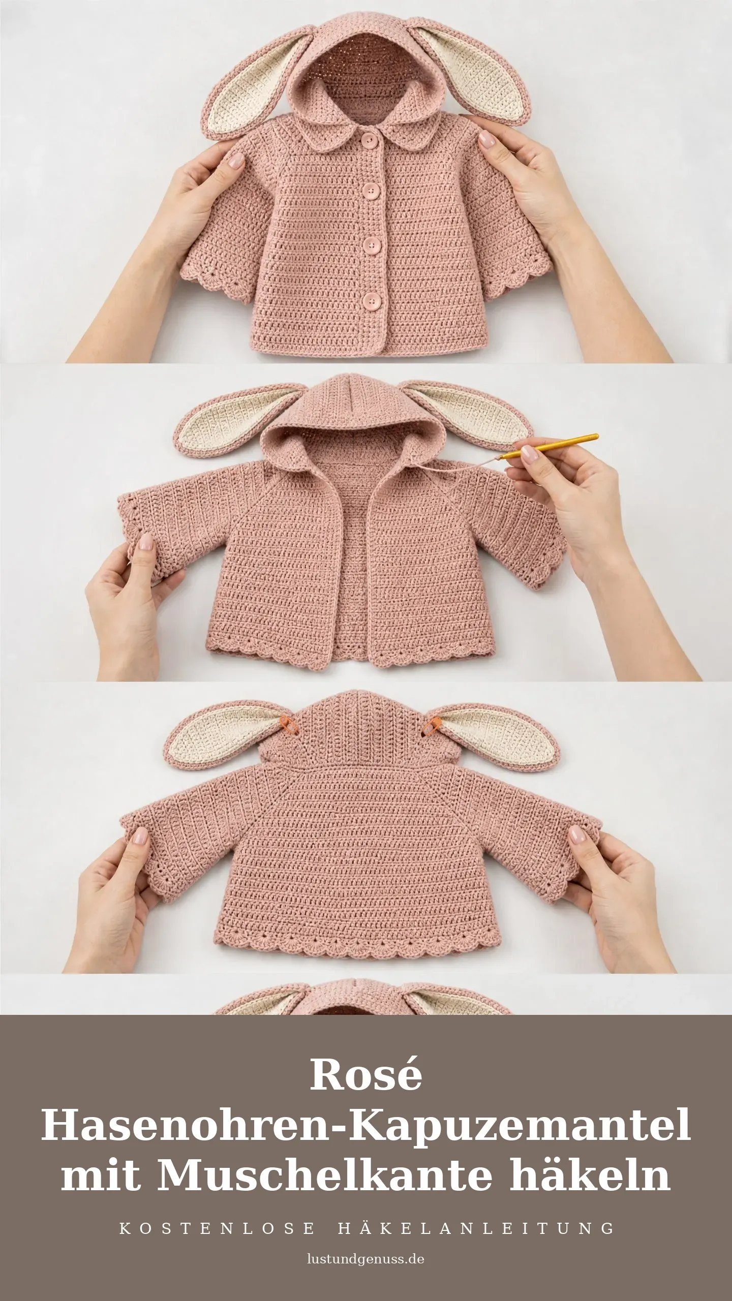 Rosé Hasenohren-Kapuzemantel mit Muschelkante häkeln