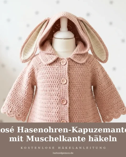 Rosé Hasenohren-Kapuzemantel mit Muschelkante häkeln