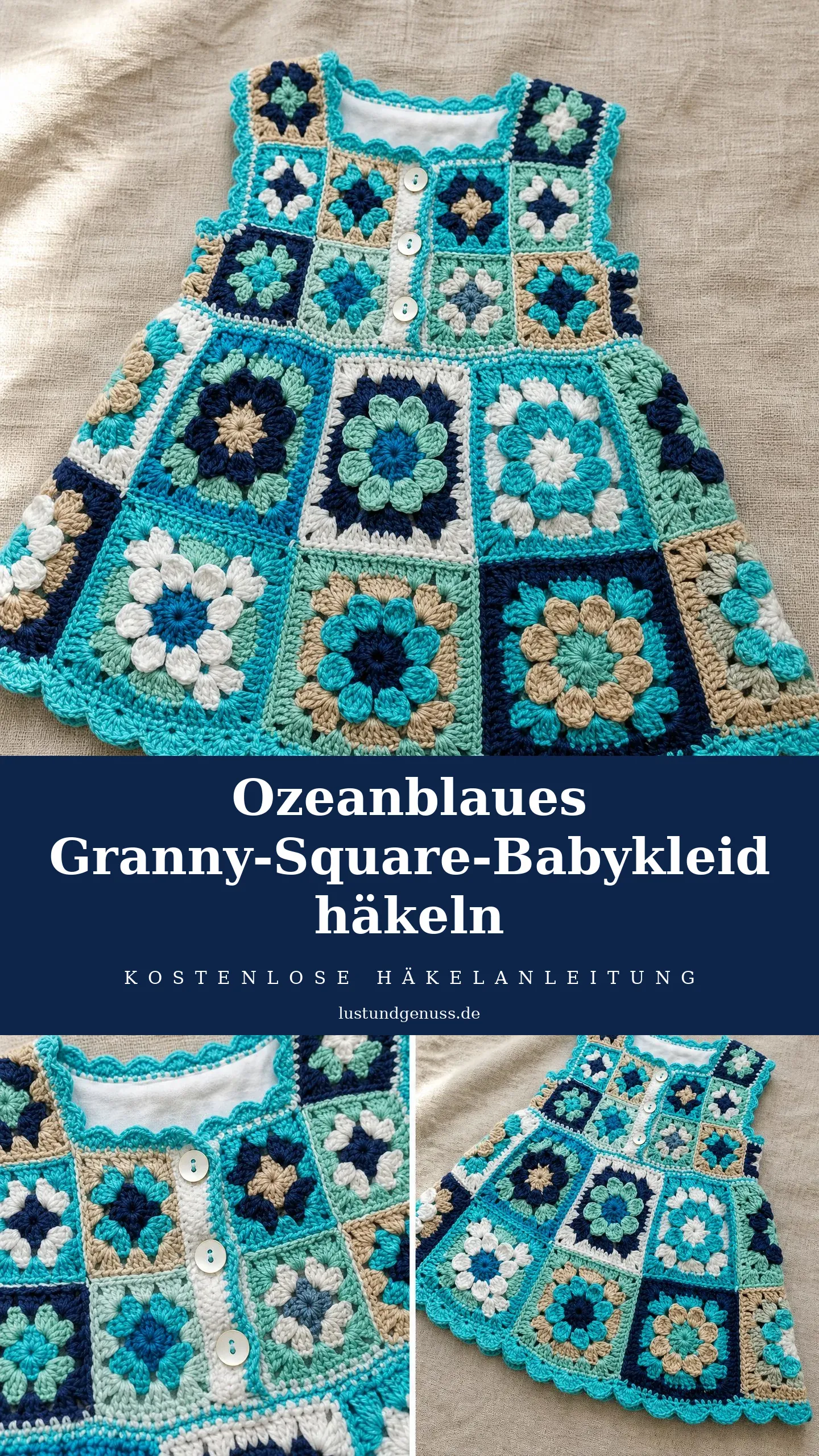 Ozeanblaues Granny-Square-Babykleid häkeln