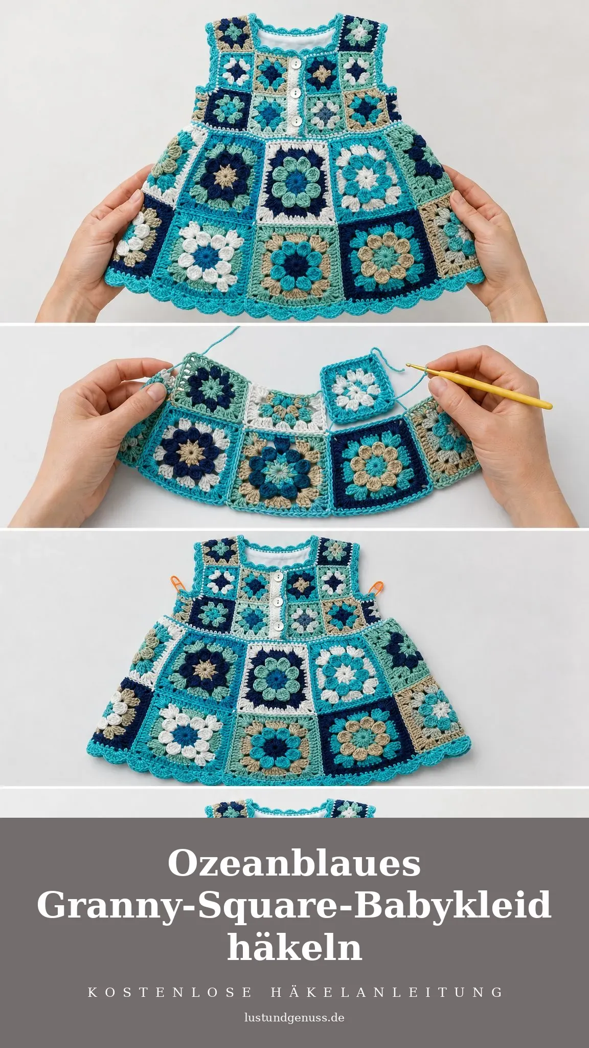 Ozeanblaues Granny-Square-Babykleid häkeln