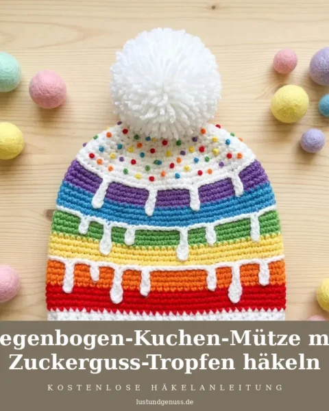 Regenbogen-Kuchen-Mütze mit Zuckerguss-Tropfen häkeln