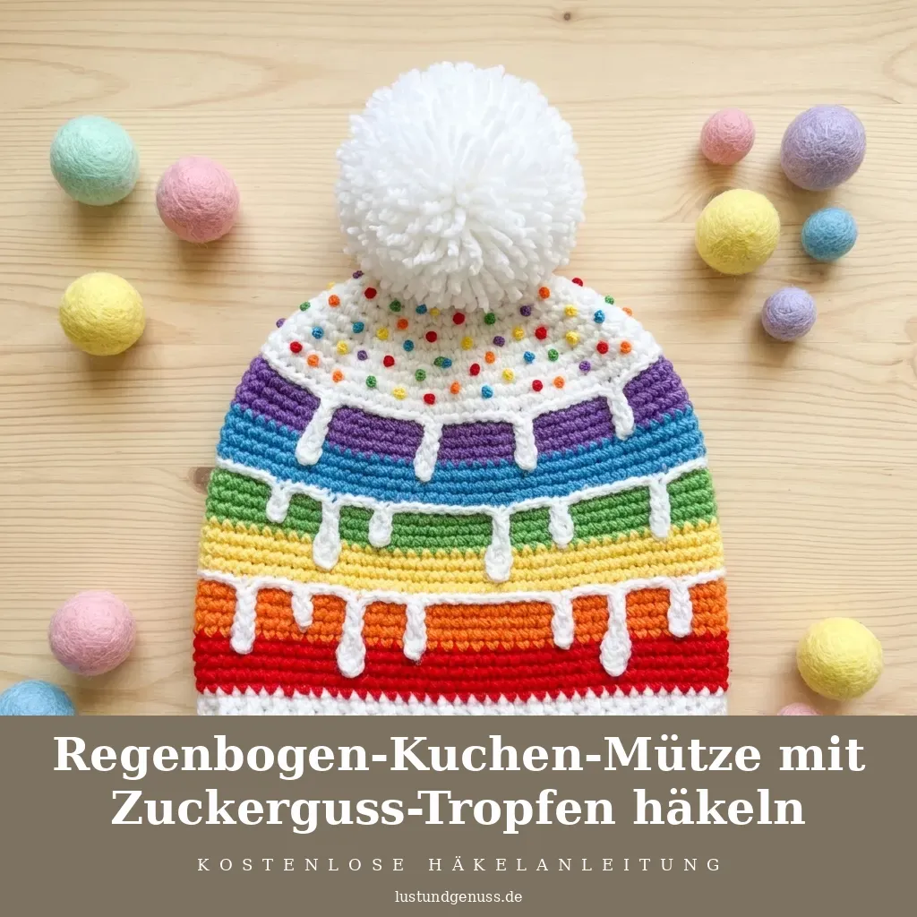 Regenbogen-Kuchen-Mütze mit Zuckerguss-Tropfen häkeln