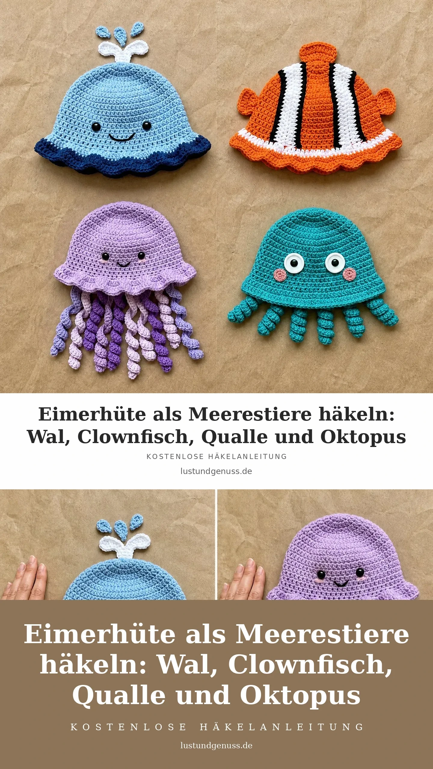 Eimerhüte als Meerestiere häkeln: Wal, Clownfisch, Qualle und Oktopus