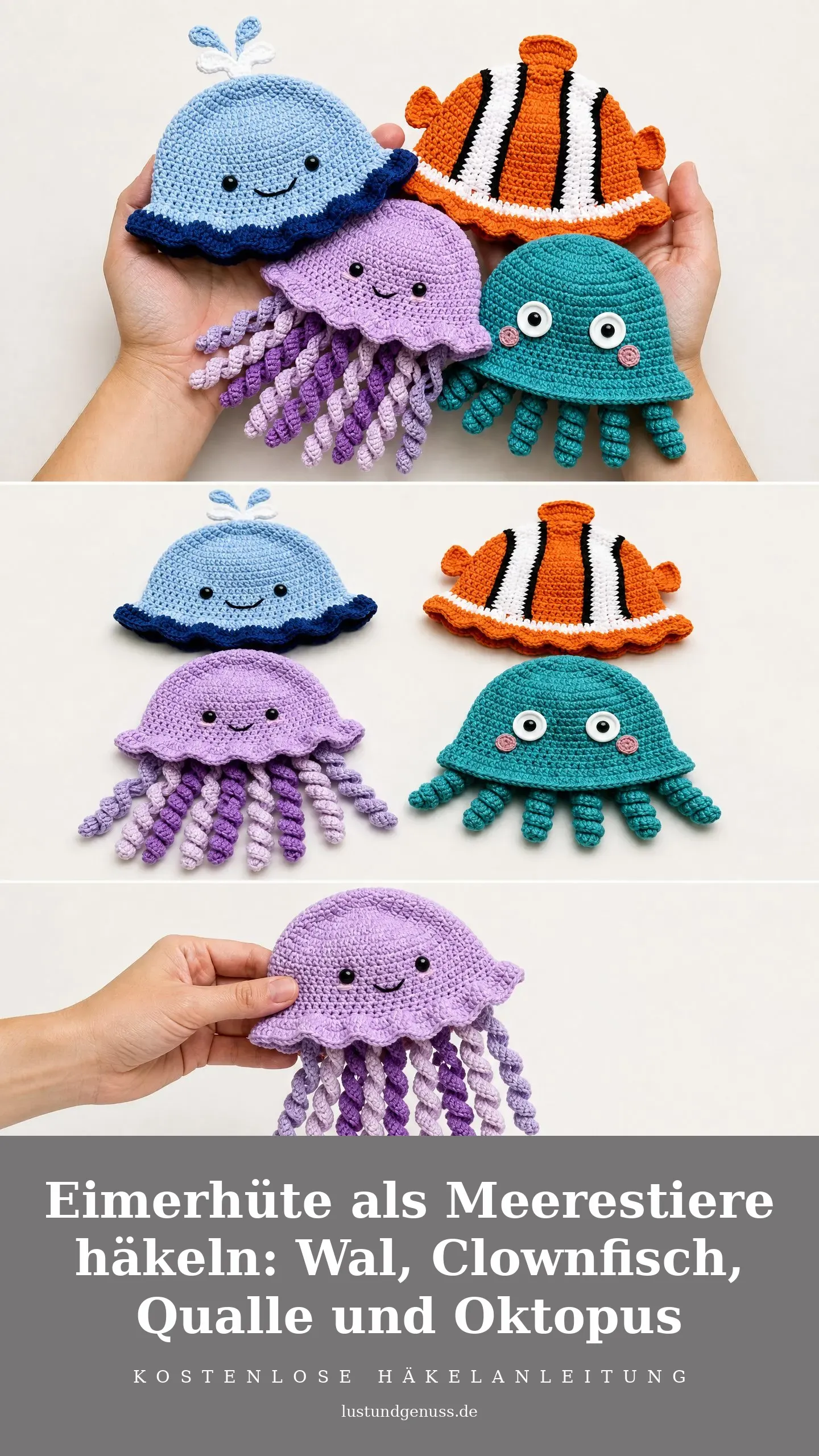 Eimerhüte als Meerestiere häkeln: Wal, Clownfisch, Qualle und Oktopus