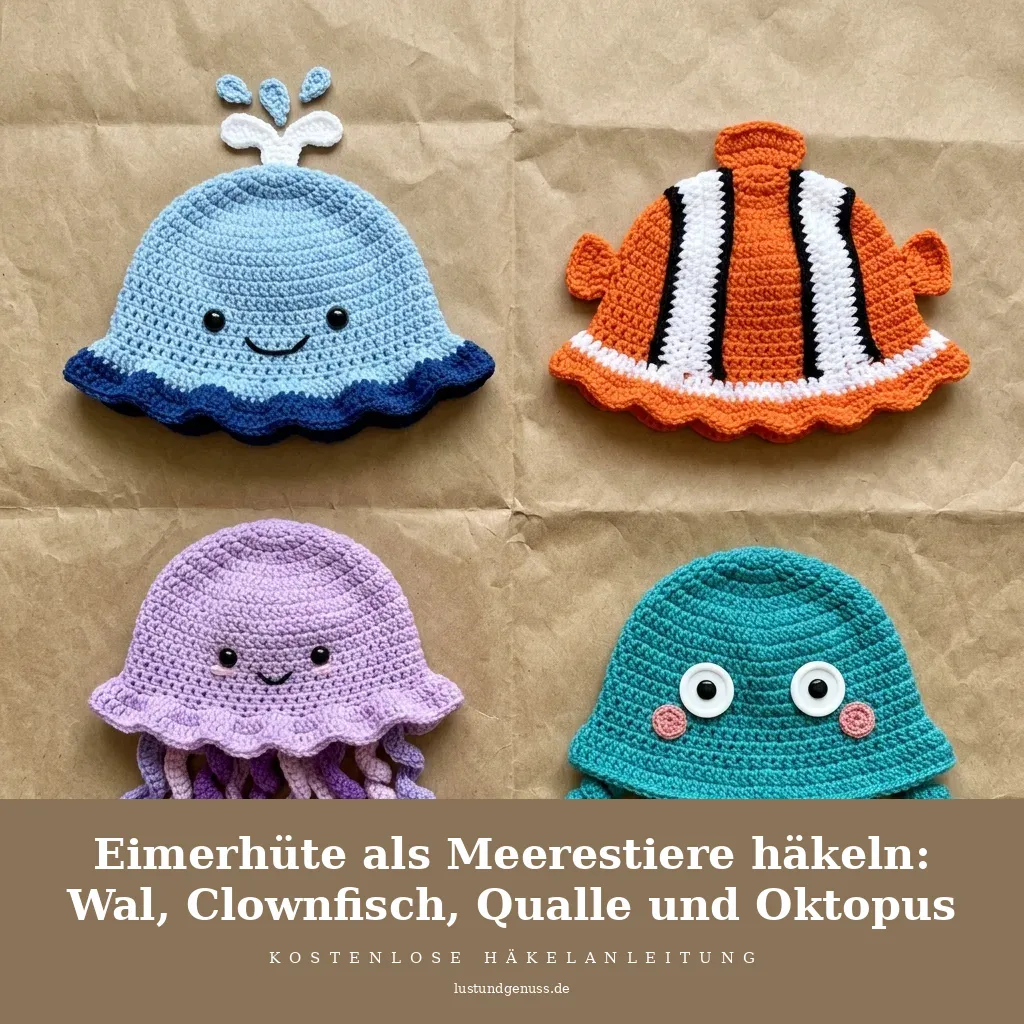 Eimerhüte als Meerestiere häkeln: Wal, Clownfisch, Qualle und Oktopus