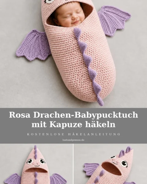 Rosa Drachen-Babypucktuch mit Kapuze häkeln