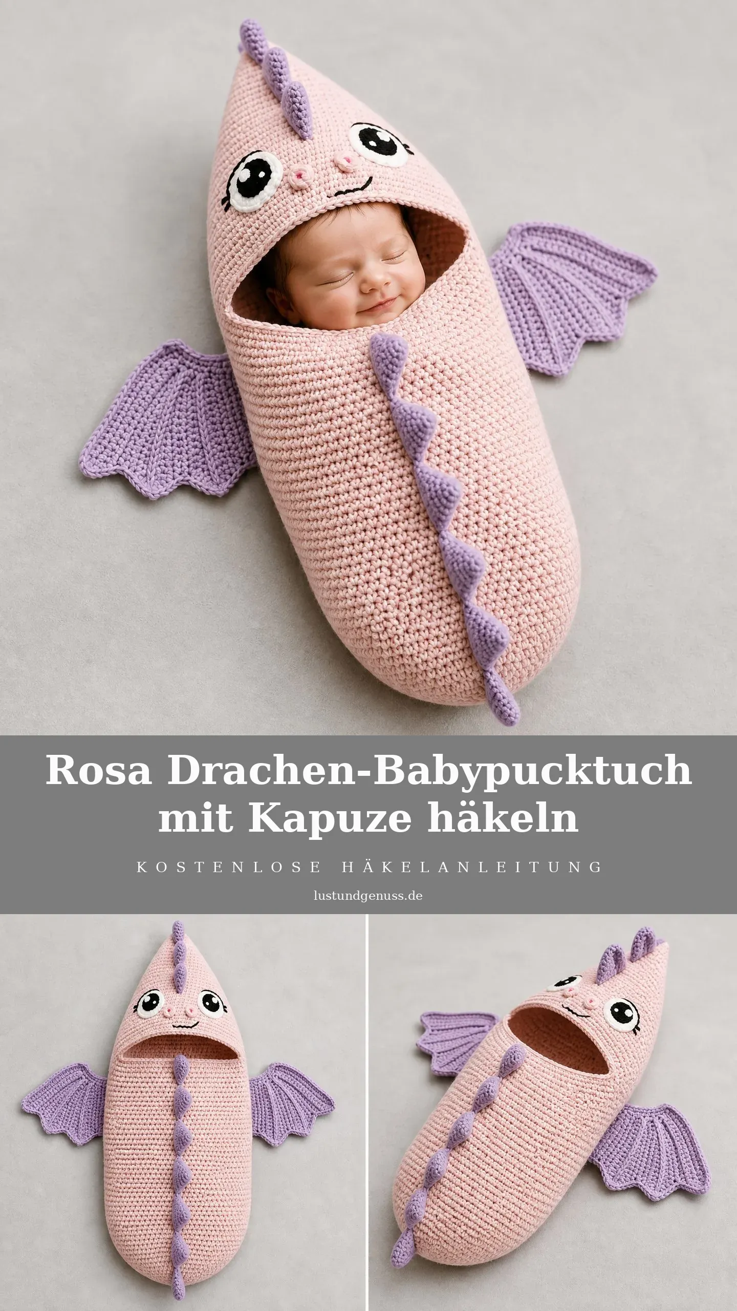 Rosa Drachen-Babypucktuch mit Kapuze häkeln